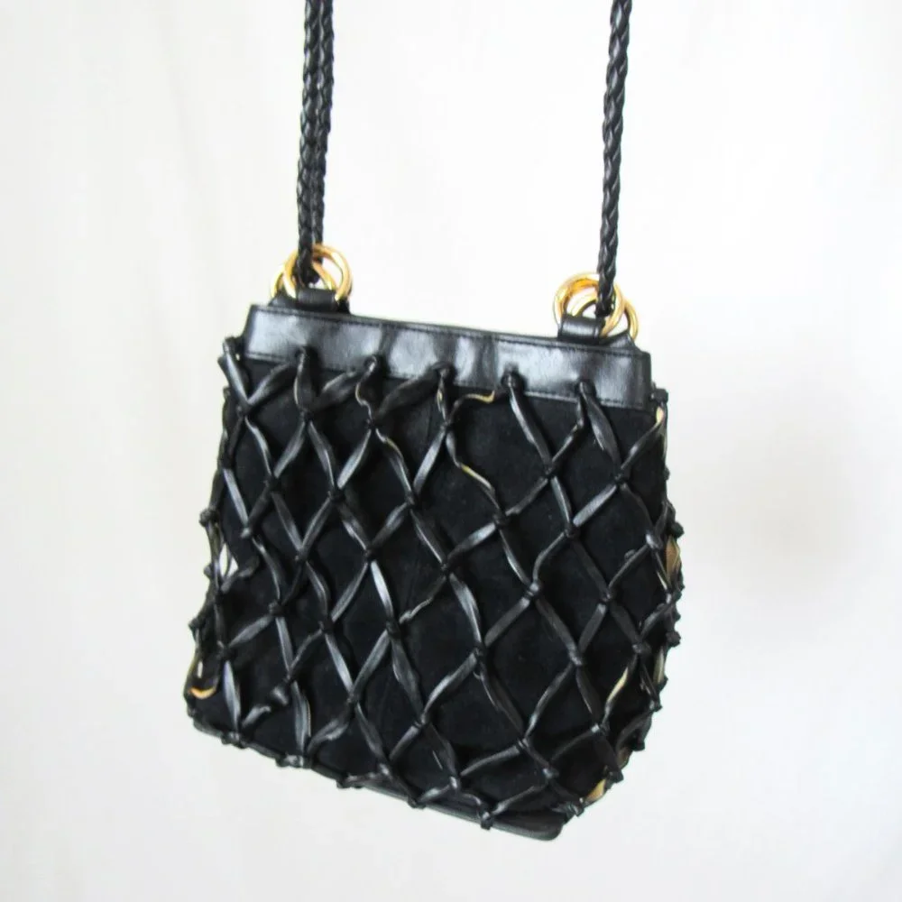 VINTAGE Tiannl Italian Black Suede Leather Purse Shoulder Bag Classic Gold - Picture 4 of 10